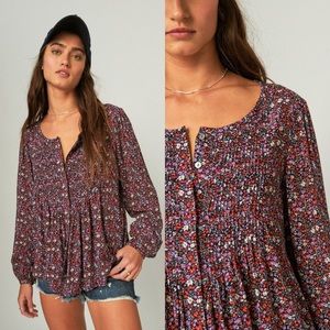 Lucky Printed Button Down Pintuck Top NWOT